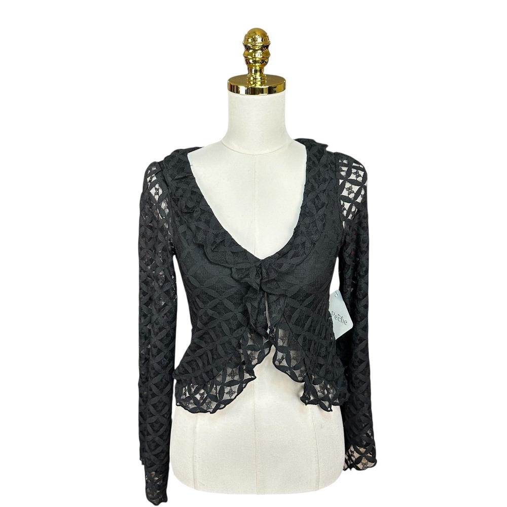 NWT La Peche Black Lace Cropped Cardigan Top Ruffle V-Neck Long Sleeve Size S